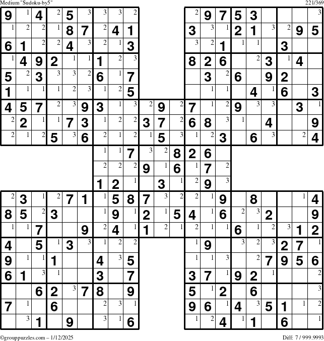 The grouppuzzles.com Medium Sudoku-by5 puzzle for Sunday January 12, 2025 with the first 3 steps marked