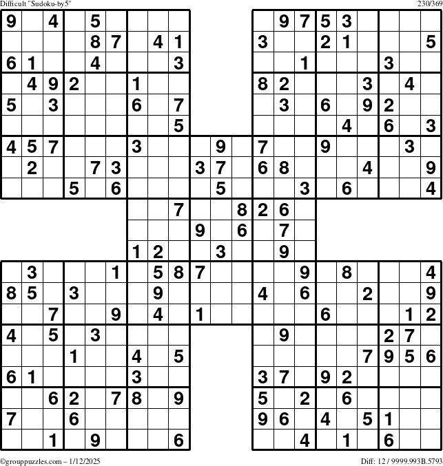 The grouppuzzles.com Difficult Sudoku-by5 puzzle for Sunday January 12, 2025