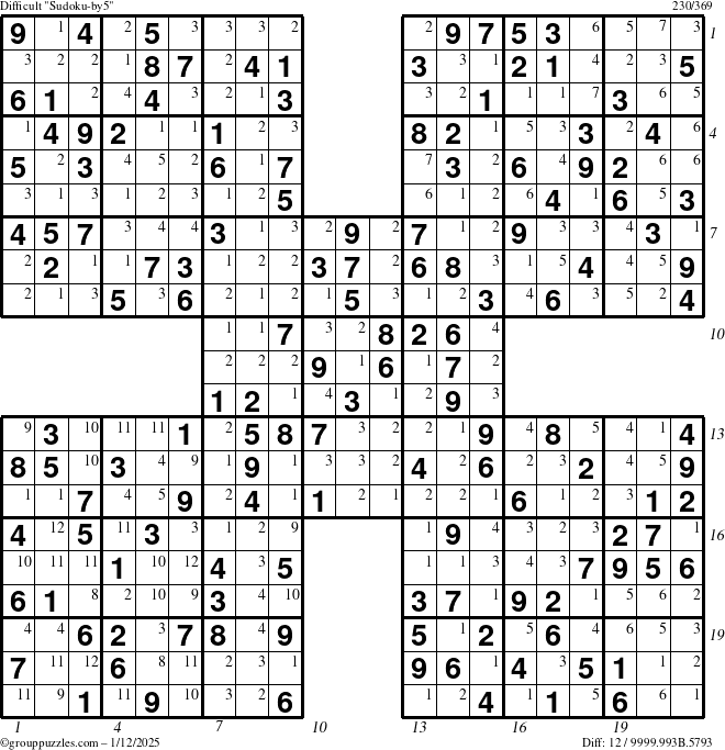 The grouppuzzles.com Difficult Sudoku-by5 puzzle for Sunday January 12, 2025 with all 12 steps marked