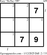 The grouppuzzles.com Easy TicTac-789 puzzle for Sunday January 12, 2025 with all 2 steps marked