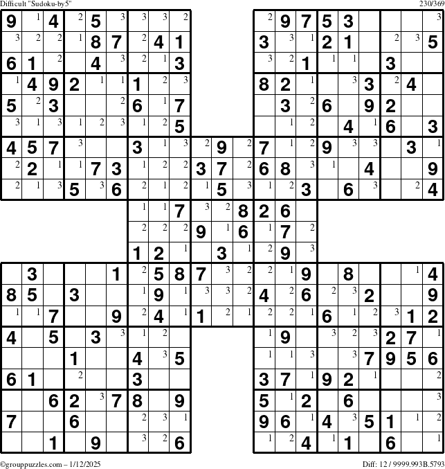 The grouppuzzles.com Difficult Sudoku-by5 puzzle for Sunday January 12, 2025 with the first 3 steps marked