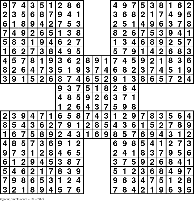 The grouppuzzles.com Answer grid for the Sudoku-by5 puzzle for Sunday January 12, 2025