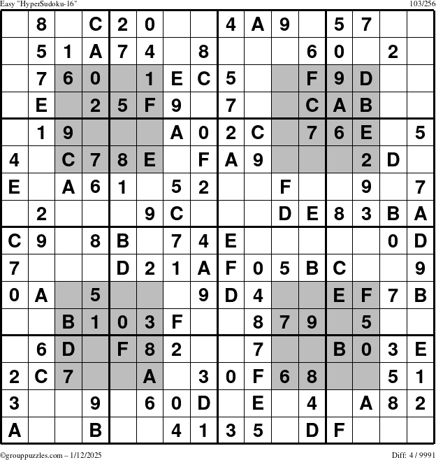 The grouppuzzles.com Easy HyperSudoku-16 puzzle for Sunday January 12, 2025