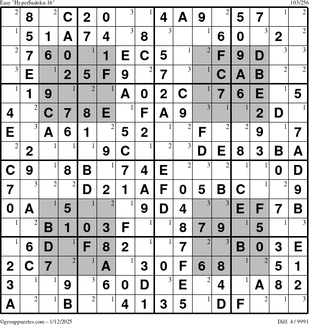 The grouppuzzles.com Easy HyperSudoku-16 puzzle for Sunday January 12, 2025 with the first 3 steps marked