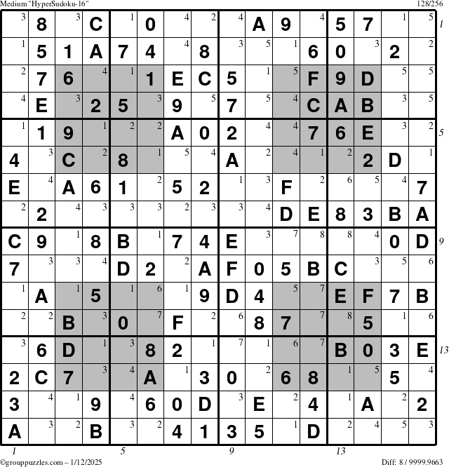 The grouppuzzles.com Medium HyperSudoku-16 puzzle for Sunday January 12, 2025, suitable for printing, with all 8 steps marked