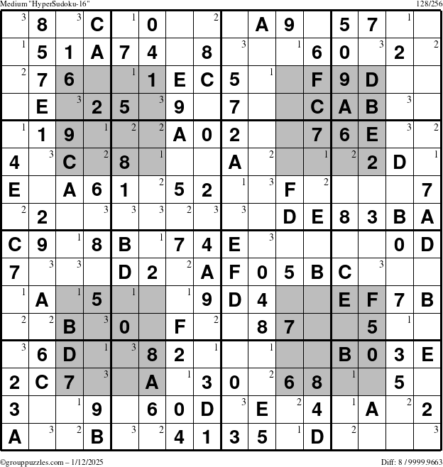 The grouppuzzles.com Medium HyperSudoku-16 puzzle for Sunday January 12, 2025 with the first 3 steps marked