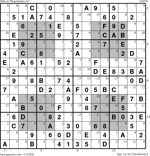 The grouppuzzles.com Difficult HyperSudoku-16 puzzle for Sunday January 12, 2025, suitable for printing, with all 14 steps marked