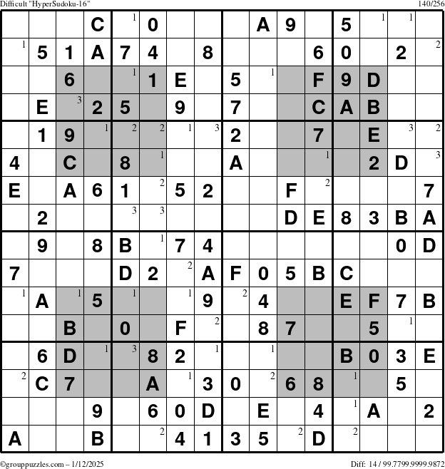 The grouppuzzles.com Difficult HyperSudoku-16 puzzle for Sunday January 12, 2025 with the first 3 steps marked