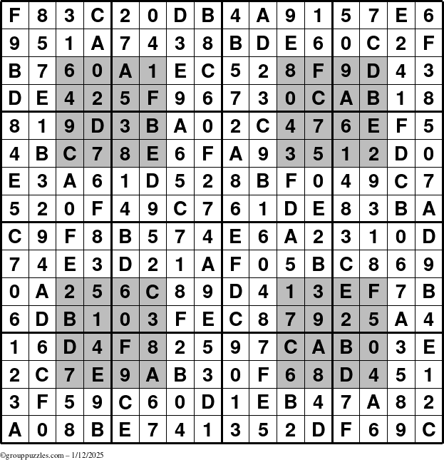 The grouppuzzles.com Answer grid for the HyperSudoku-16 puzzle for Sunday January 12, 2025