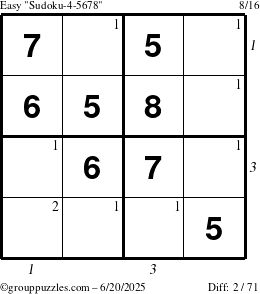 The grouppuzzles.com Easy Sudoku-4-5678 puzzle for Friday June 20, 2025 with all 2 steps marked