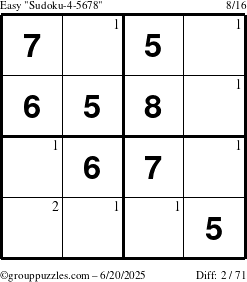 The grouppuzzles.com Easy Sudoku-4-5678 puzzle for Friday June 20, 2025 with the first 2 steps marked