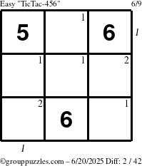 The grouppuzzles.com Easy TicTac-456 puzzle for Friday June 20, 2025 with all 2 steps marked