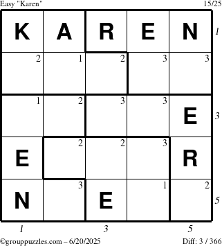 The grouppuzzles.com Easy Karen puzzle for Friday June 20, 2025 with all 3 steps marked