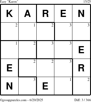 The grouppuzzles.com Easy Karen puzzle for Friday June 20, 2025 with the first 3 steps marked