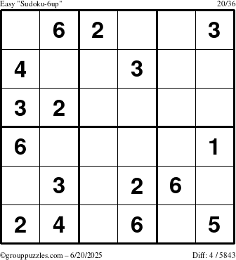The grouppuzzles.com Easy Sudoku-6up puzzle for Friday June 20, 2025