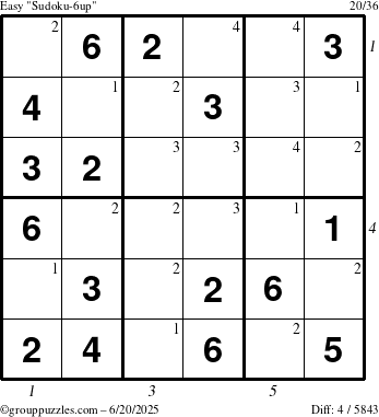 The grouppuzzles.com Easy Sudoku-6up puzzle for Friday June 20, 2025 with all 4 steps marked