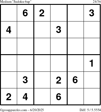 The grouppuzzles.com Medium Sudoku-6up puzzle for Friday June 20, 2025