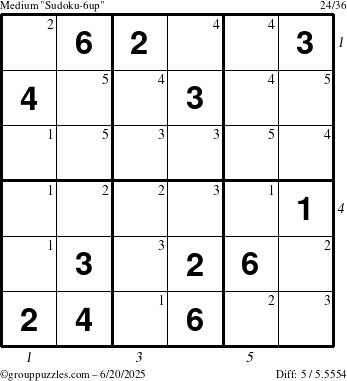 The grouppuzzles.com Medium Sudoku-6up puzzle for Friday June 20, 2025 with all 5 steps marked