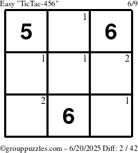 The grouppuzzles.com Easy TicTac-456 puzzle for Friday June 20, 2025 with the first 2 steps marked