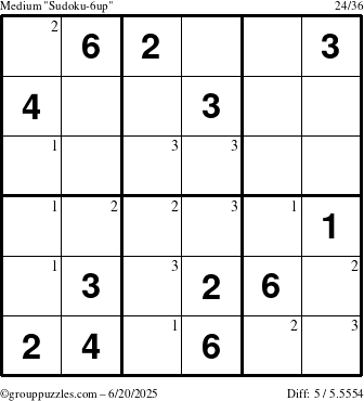 The grouppuzzles.com Medium Sudoku-6up puzzle for Friday June 20, 2025 with the first 3 steps marked