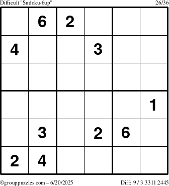 The grouppuzzles.com Difficult Sudoku-6up puzzle for Friday June 20, 2025