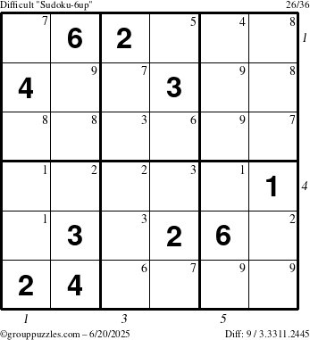 The grouppuzzles.com Difficult Sudoku-6up puzzle for Friday June 20, 2025 with all 9 steps marked