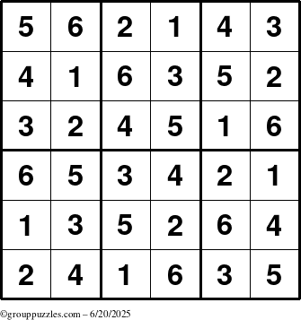 The grouppuzzles.com Answer grid for the Sudoku-6up puzzle for Friday June 20, 2025