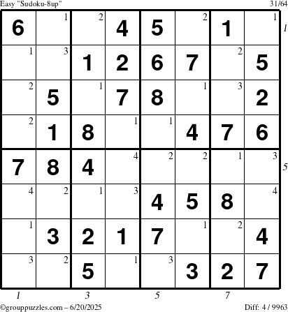 The grouppuzzles.com Easy Sudoku-8up puzzle for Friday June 20, 2025 with all 4 steps marked