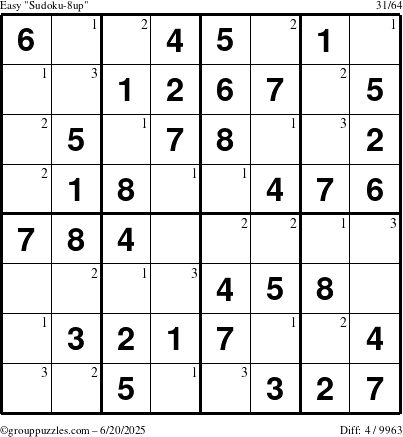 The grouppuzzles.com Easy Sudoku-8up puzzle for Friday June 20, 2025 with the first 3 steps marked