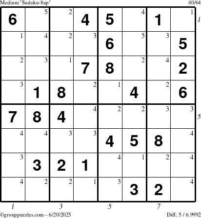 The grouppuzzles.com Medium Sudoku-8up puzzle for Friday June 20, 2025 with all 5 steps marked