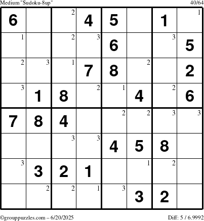 The grouppuzzles.com Medium Sudoku-8up puzzle for Friday June 20, 2025 with the first 3 steps marked