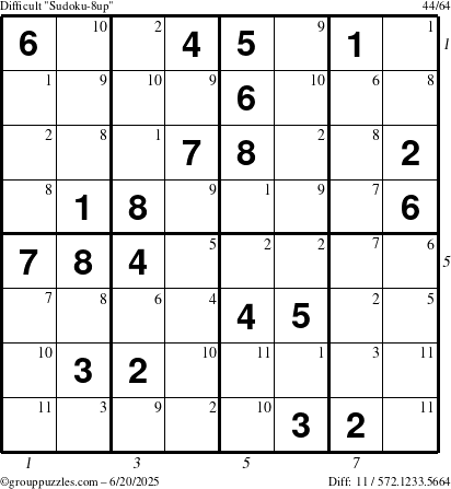 The grouppuzzles.com Difficult Sudoku-8up puzzle for Friday June 20, 2025 with all 11 steps marked