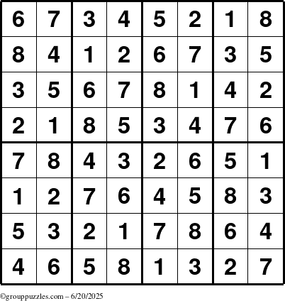 The grouppuzzles.com Answer grid for the Sudoku-8up puzzle for Friday June 20, 2025