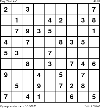 The grouppuzzles.com Easy Sudoku puzzle for Friday June 20, 2025