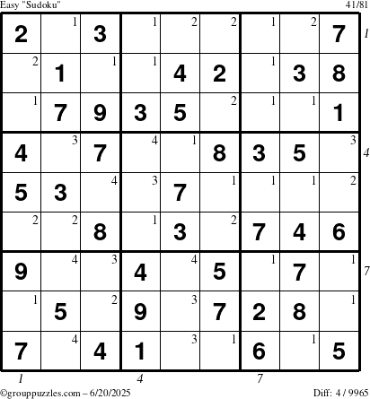 The grouppuzzles.com Easy Sudoku puzzle for Friday June 20, 2025 with all 4 steps marked