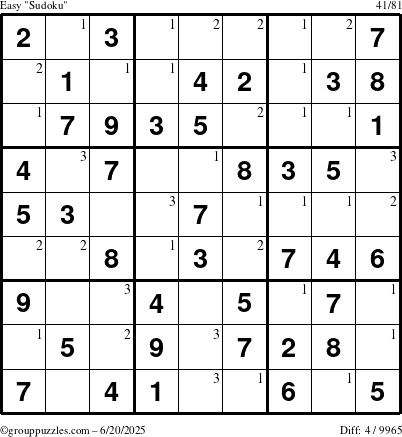 The grouppuzzles.com Easy Sudoku puzzle for Friday June 20, 2025 with the first 3 steps marked