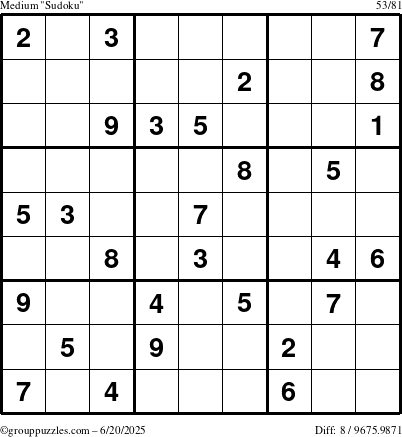 The grouppuzzles.com Medium Sudoku puzzle for Friday June 20, 2025