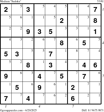 The grouppuzzles.com Medium Sudoku puzzle for Friday June 20, 2025 with all 8 steps marked