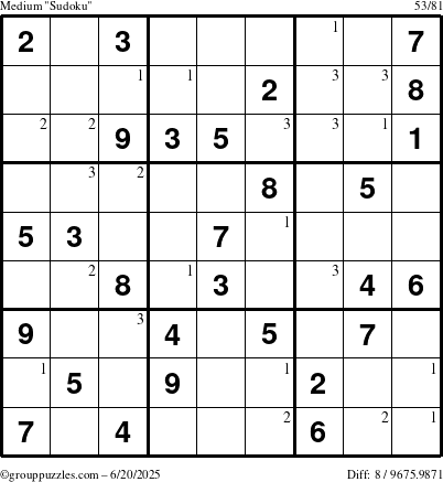 The grouppuzzles.com Medium Sudoku puzzle for Friday June 20, 2025 with the first 3 steps marked