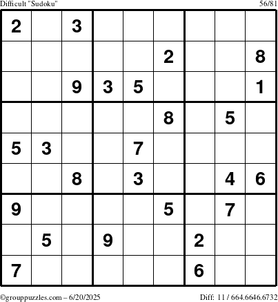 The grouppuzzles.com Difficult Sudoku puzzle for Friday June 20, 2025