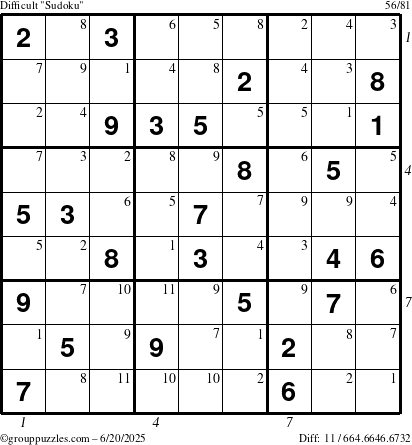 The grouppuzzles.com Difficult Sudoku puzzle for Friday June 20, 2025 with all 11 steps marked