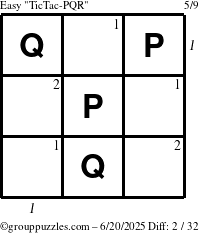 The grouppuzzles.com Easy TicTac-PQR puzzle for Friday June 20, 2025 with all 2 steps marked