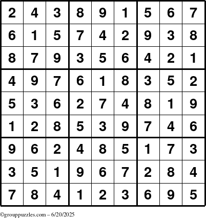The grouppuzzles.com Answer grid for the Sudoku puzzle for Friday June 20, 2025