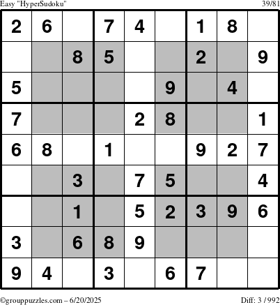 The grouppuzzles.com Easy HyperSudoku puzzle for Friday June 20, 2025