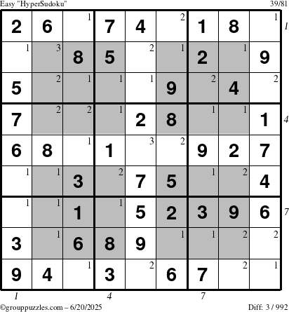 The grouppuzzles.com Easy HyperSudoku puzzle for Friday June 20, 2025 with all 3 steps marked