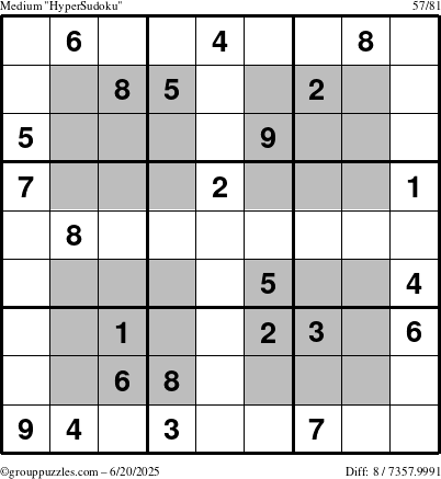 The grouppuzzles.com Medium HyperSudoku puzzle for Friday June 20, 2025