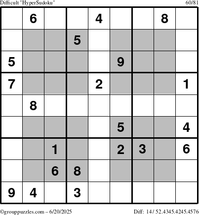 The grouppuzzles.com Difficult HyperSudoku puzzle for Friday June 20, 2025