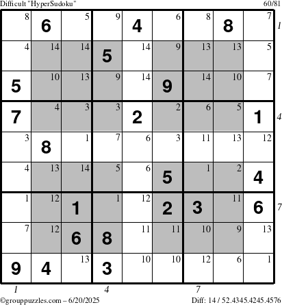 The grouppuzzles.com Difficult HyperSudoku puzzle for Friday June 20, 2025 with all 14 steps marked