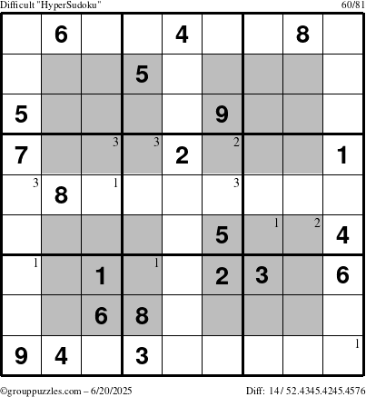 The grouppuzzles.com Difficult HyperSudoku puzzle for Friday June 20, 2025 with the first 3 steps marked