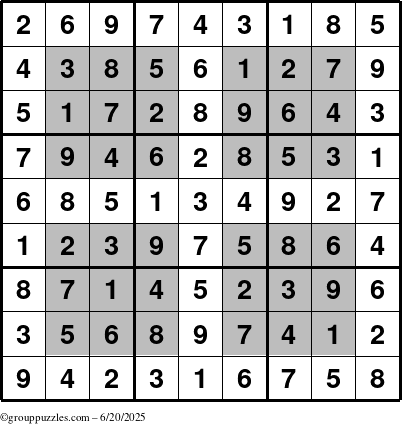 The grouppuzzles.com Answer grid for the HyperSudoku puzzle for Friday June 20, 2025
